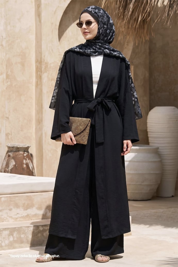 Kimono Pantolonlu Siyah Takım
