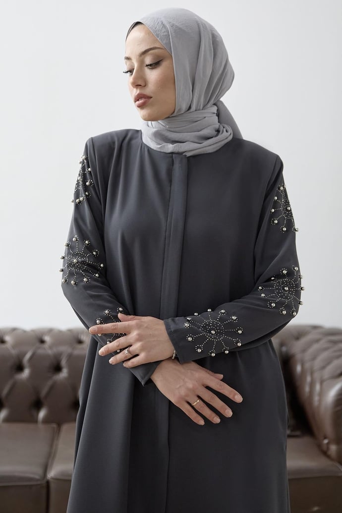 Kolları İncili Taş Detay Antrasit Ferace