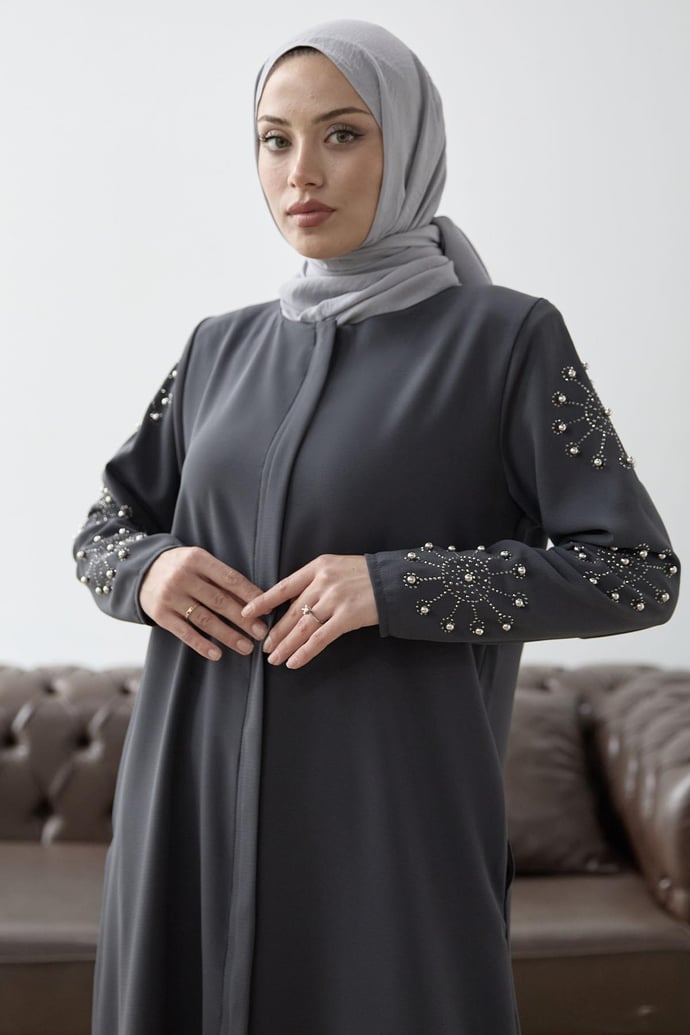 Kolları İncili Taş Detay Antrasit Ferace