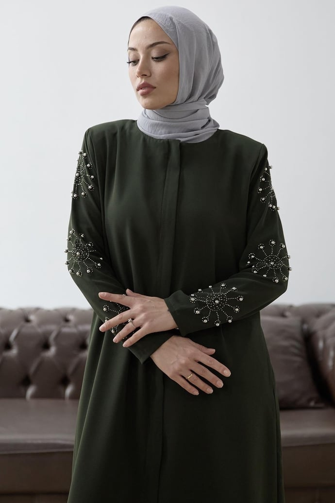 Kolları İncili Taş Detay Haki Ferace