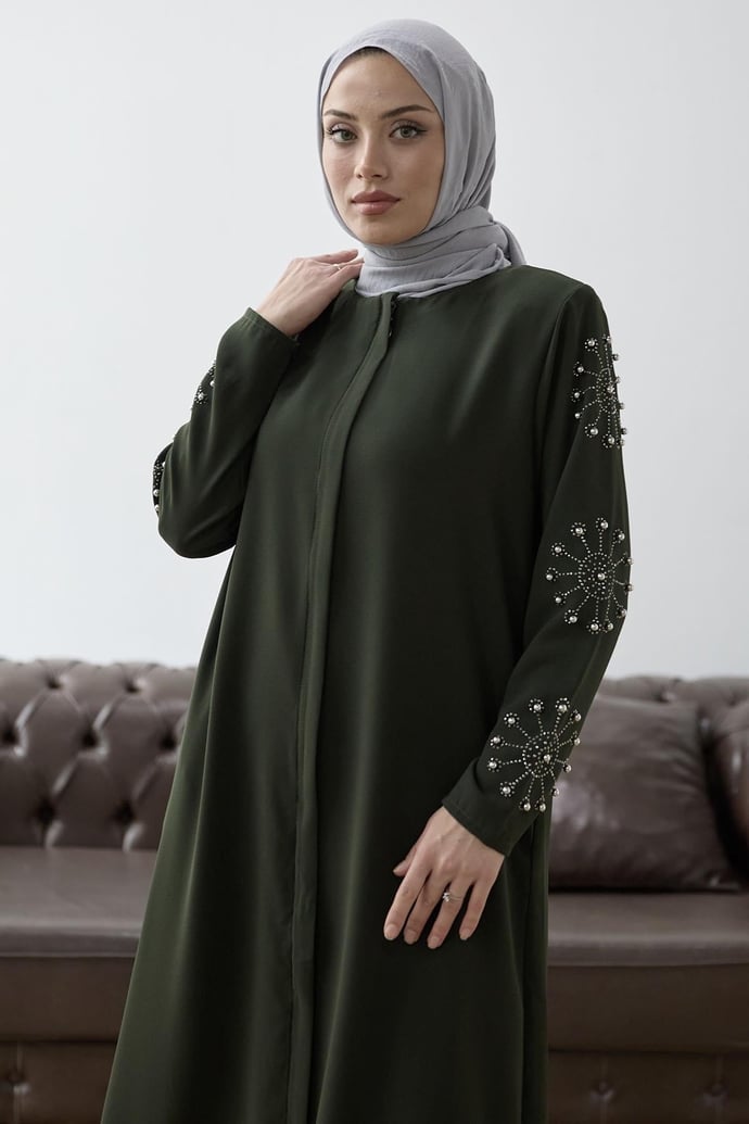 Kolları İncili Taş Detay Haki Ferace