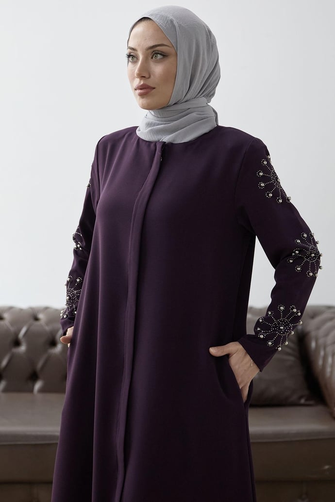 Kolları İncili Taş Detay Mürdüm Ferace