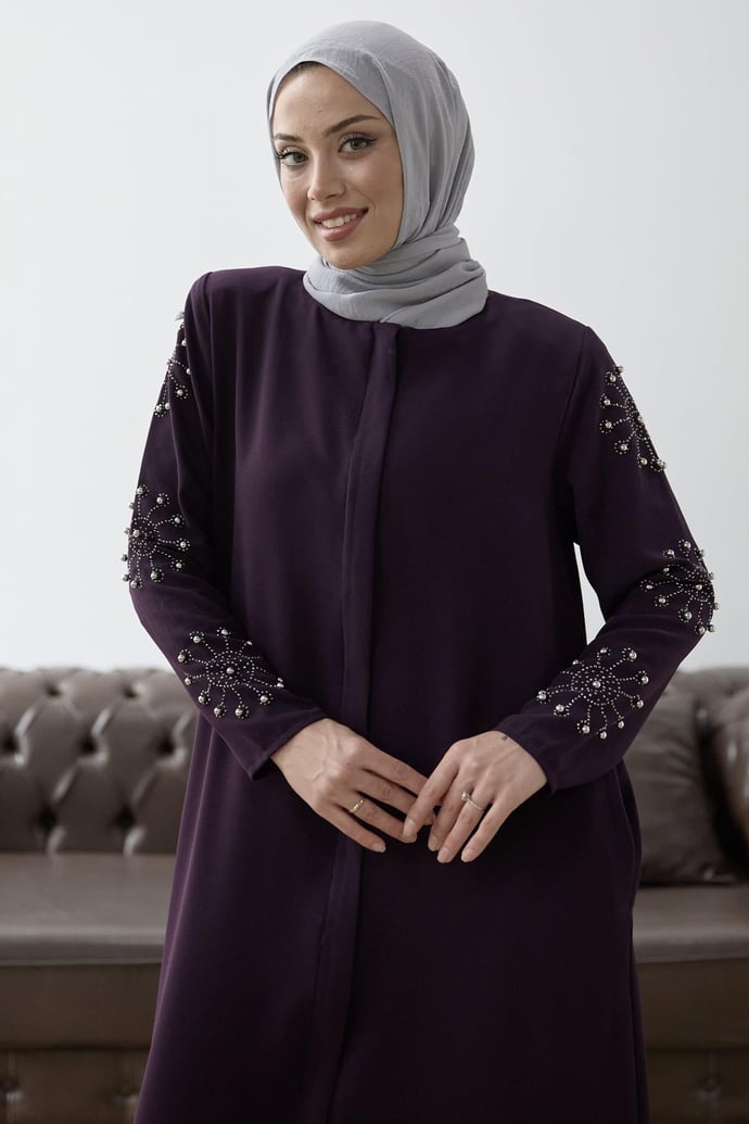 Kolları İncili Taş Detay Mürdüm Ferace