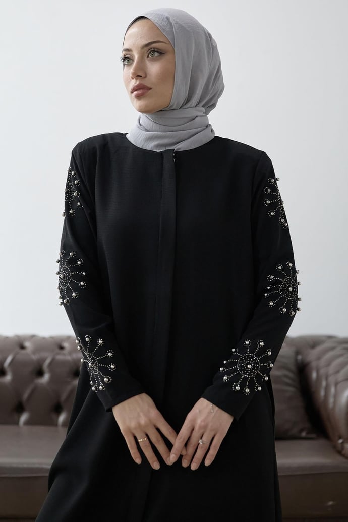 Kolları İncili Taş Detay Siyah Ferace