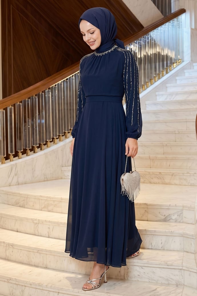 Kolları Taşlı Pullu Lacivert Şifon Abiye