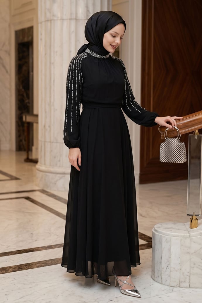 Kolları Taşlı Pullu Siyah Şifon Abiye