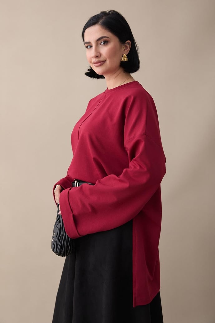 Kolu Katlamalı Oversize Bordo Sweat