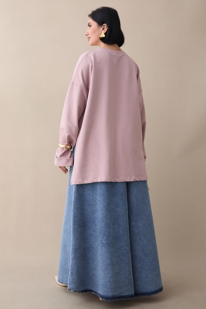 Kolu Katlamalı Oversize Gül Kurusu Sweat