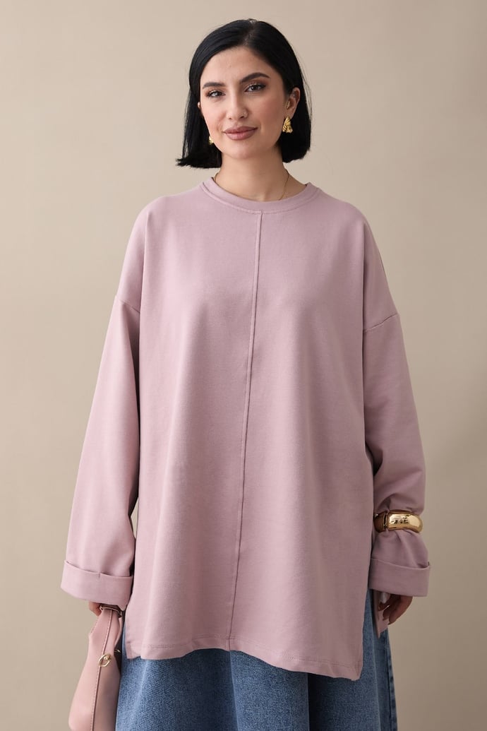 Kolu Katlamalı Oversize Gül Kurusu Sweat