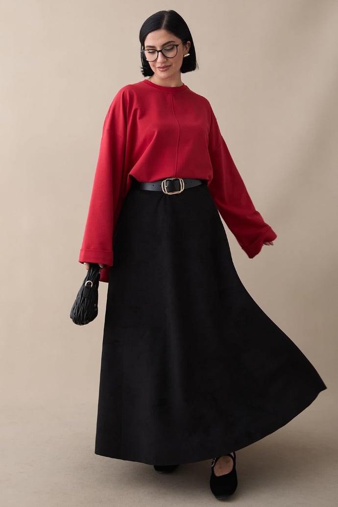 Kolu Katlamalı Oversize Kırmızı Sweat
