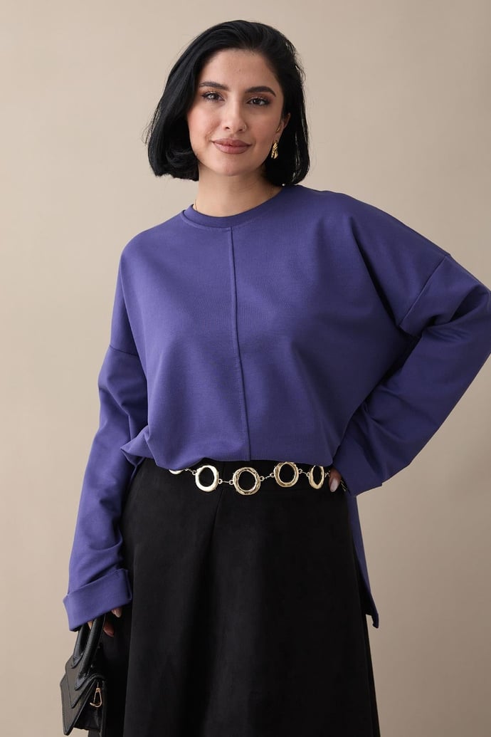 Kolu Katlamalı Oversize Mor Sweat