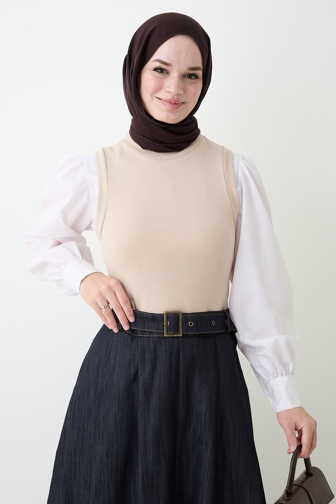 Kot Etekli Kemerli Bej Elbise