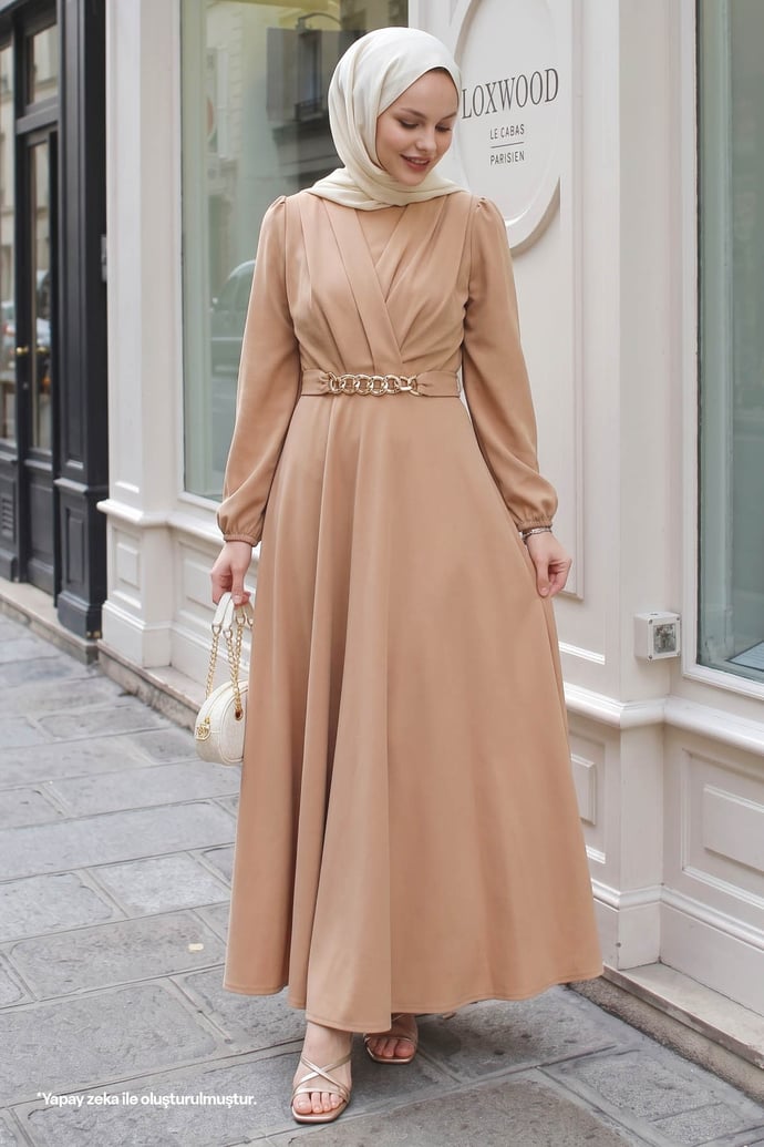 Kruvaze Yaka Zincir Kemerli Camel Elbise