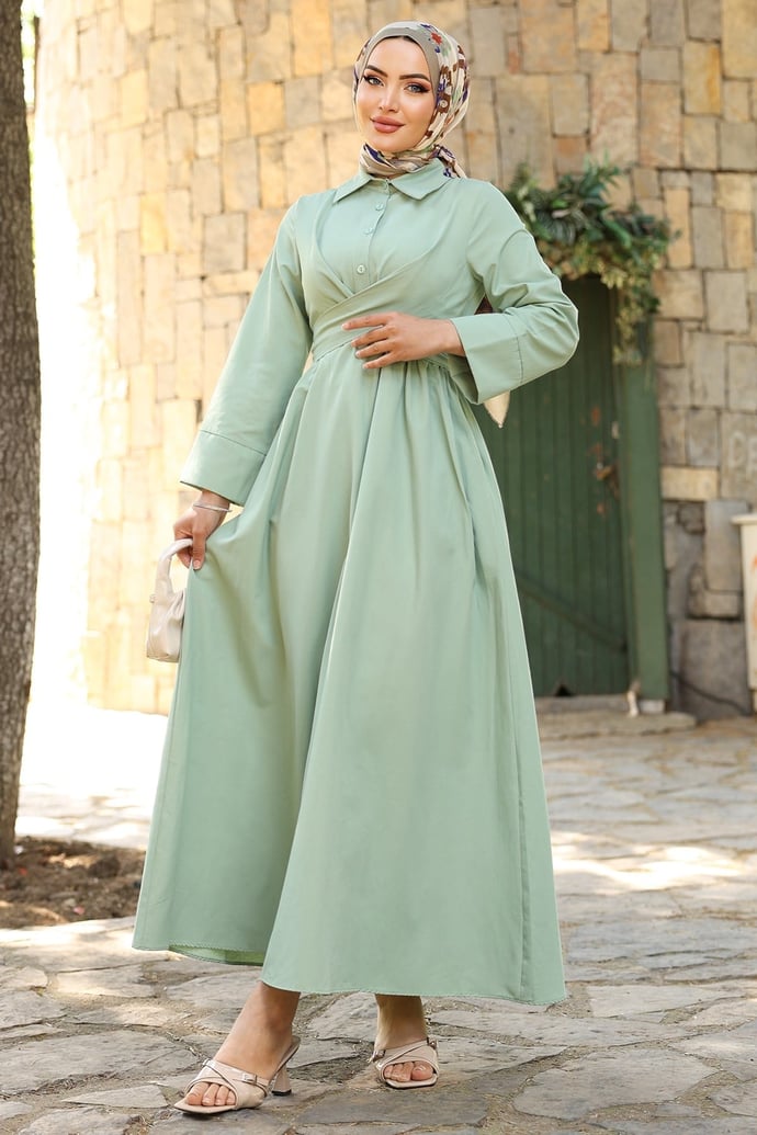 Kuşak Detaylı Gömlek Yaka Mint Yeşili Elbise