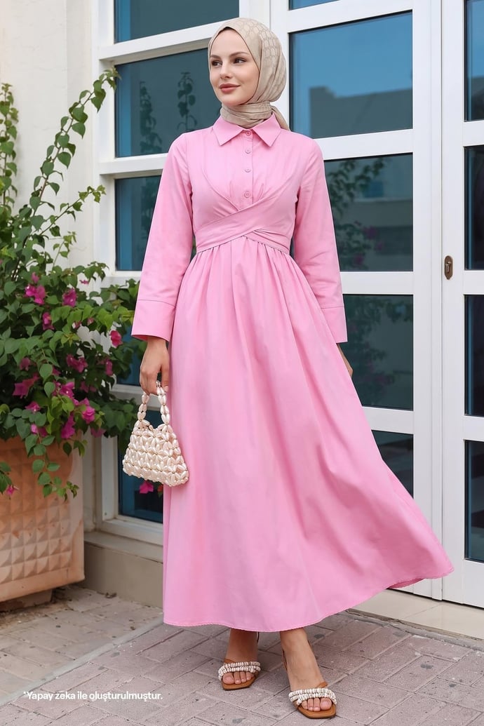 Kuşak Detaylı Gömlek Yaka Pembe Elbise