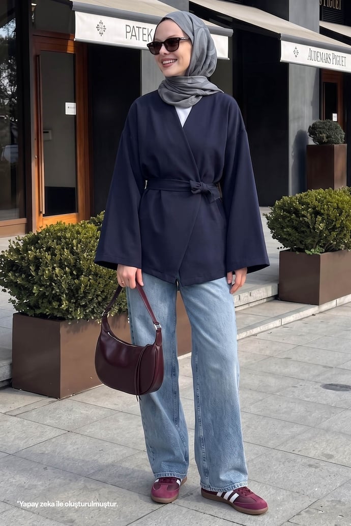 Kuşaklı Tek Düğmeli Double Kimono Lacivert