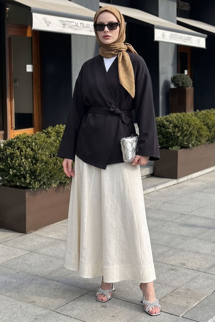 Kuşaklı Tek Düğmeli Double Kimono Siyah