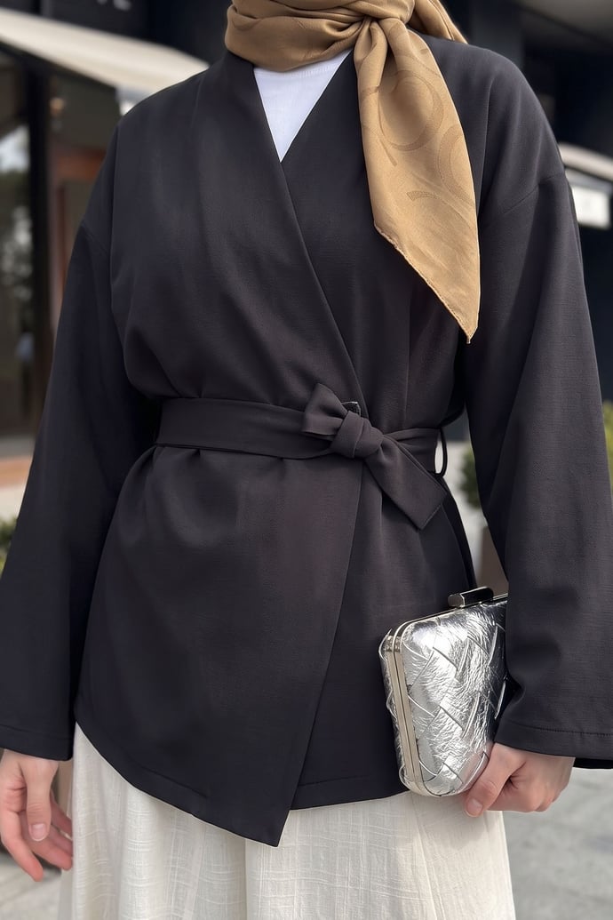 Kuşaklı Tek Düğmeli Double Kimono Siyah