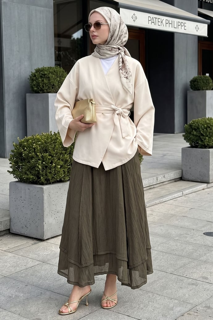 Kuşaklı Tek Düğmeli Double Kimono Taş
