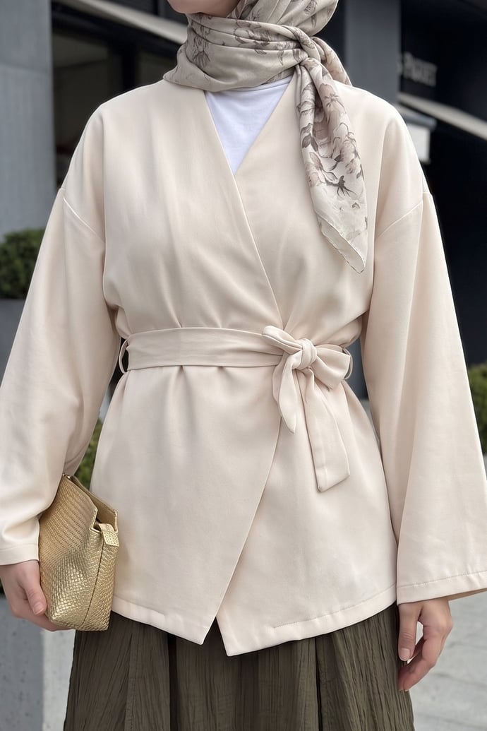 Kuşaklı Tek Düğmeli Double Kimono Taş