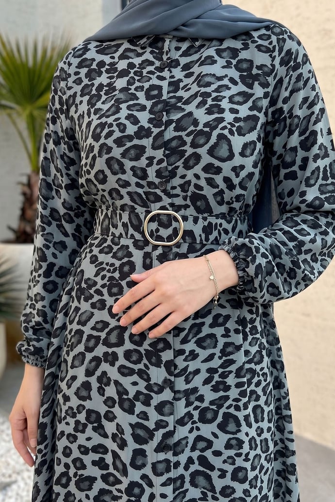 Leopar Desen Antrasit Viskon Elbise