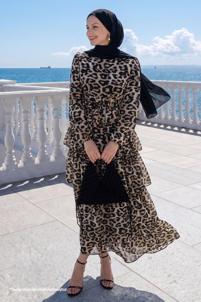 Leopar Desen Katlı Kuşaklı Kahve Elbise