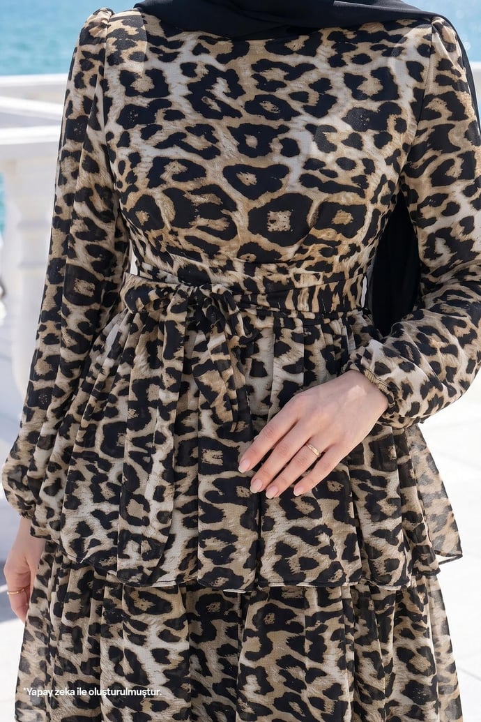 Leopar Desen Katlı Kuşaklı Kahve Elbise