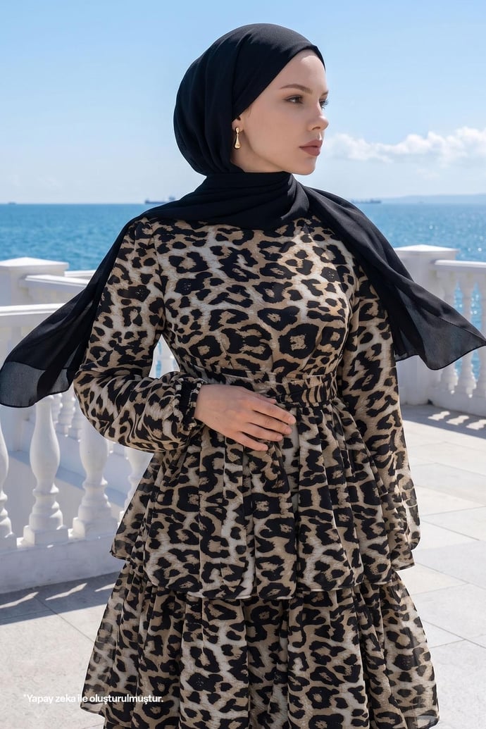 Leopar Desen Katlı Kuşaklı Kahve Elbise