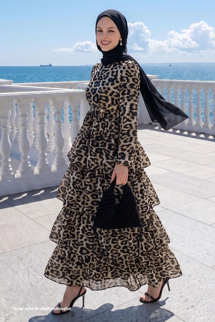 Leopar Desen Katlı Kuşaklı Kahve Elbise