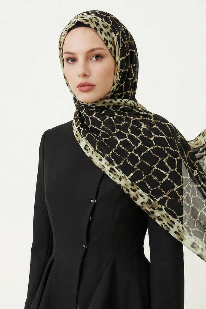 Leopar Mermer Desenli Siyah Soft Pamuk Şal