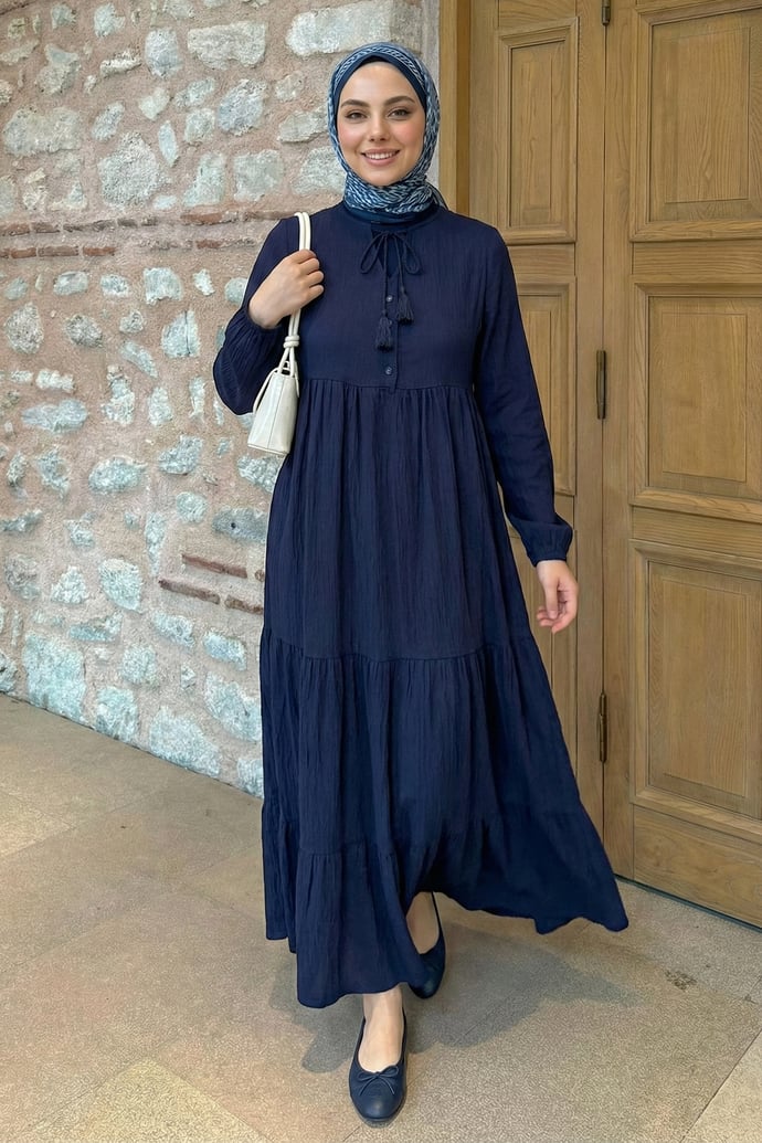 Lina Püsküllü Lacivert Elbise