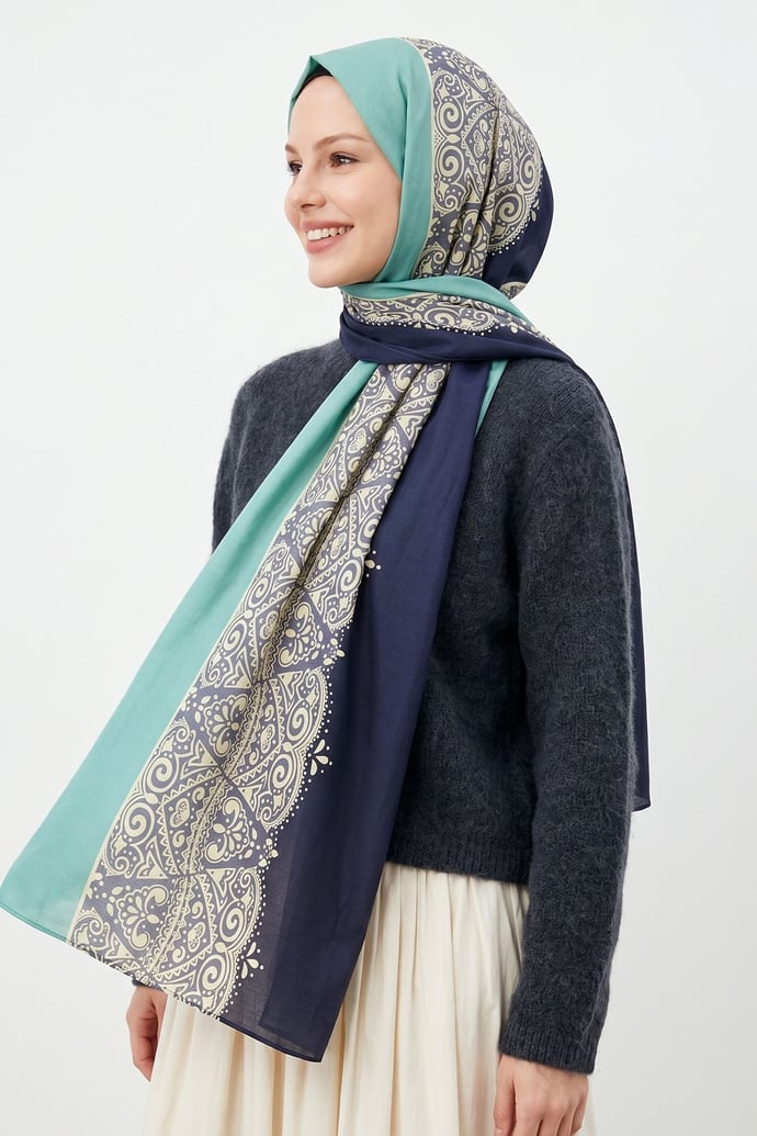 Mandala Desen Turkuaz Soft Pamuk Şal