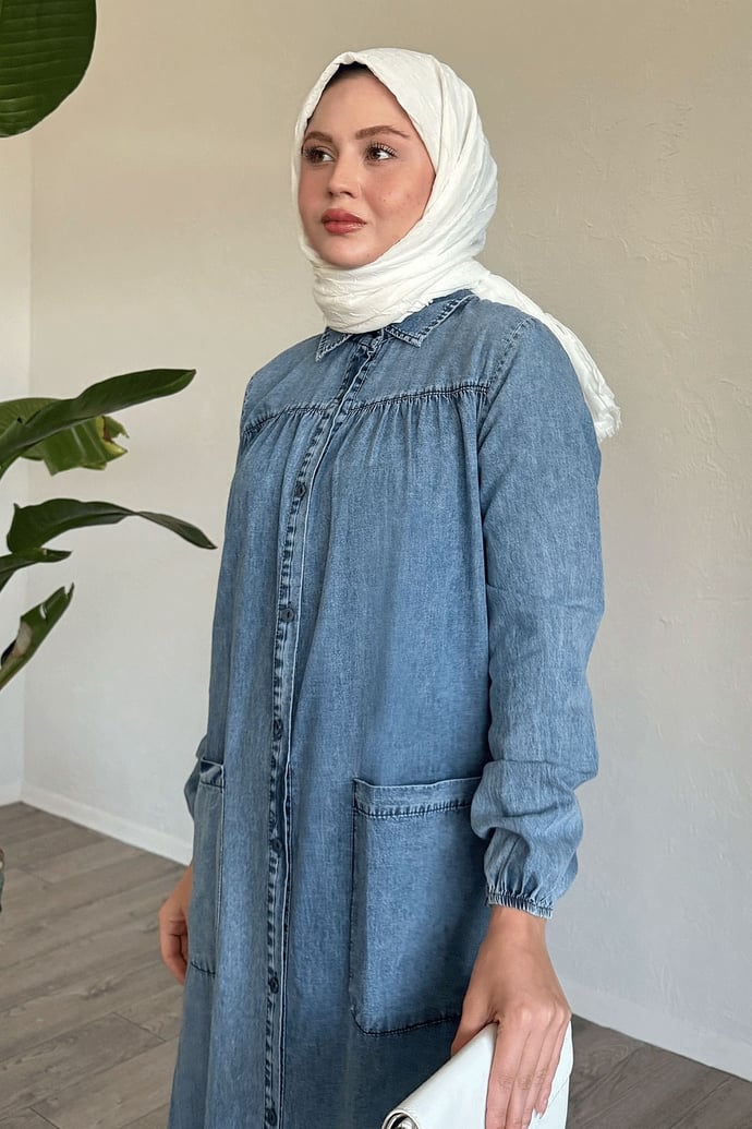 Mayra Robalı Cepli Kot Elbise - Buz Mavisi