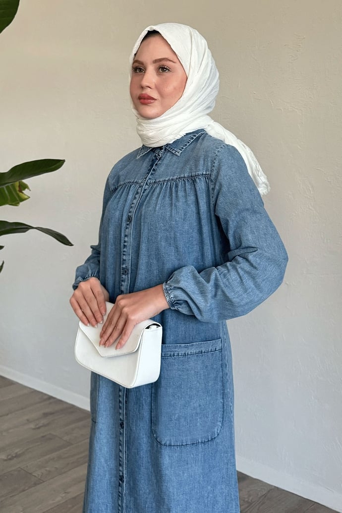 Mayra Robalı Cepli Kot Elbise - Buz Mavisi