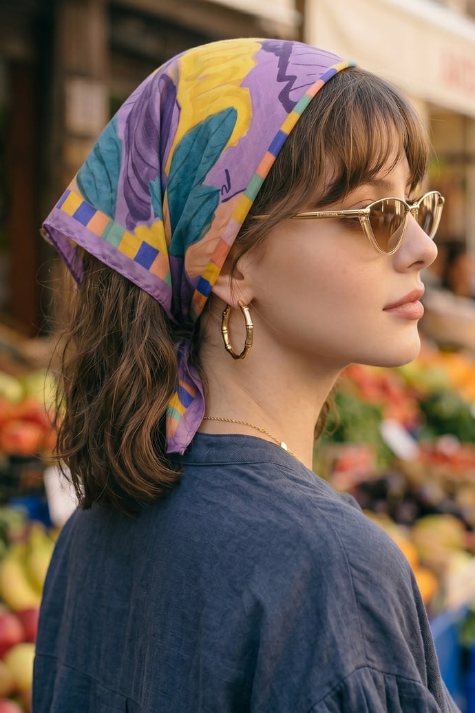 Menekşe Desenli Eflatun Bandana Fular 50x50