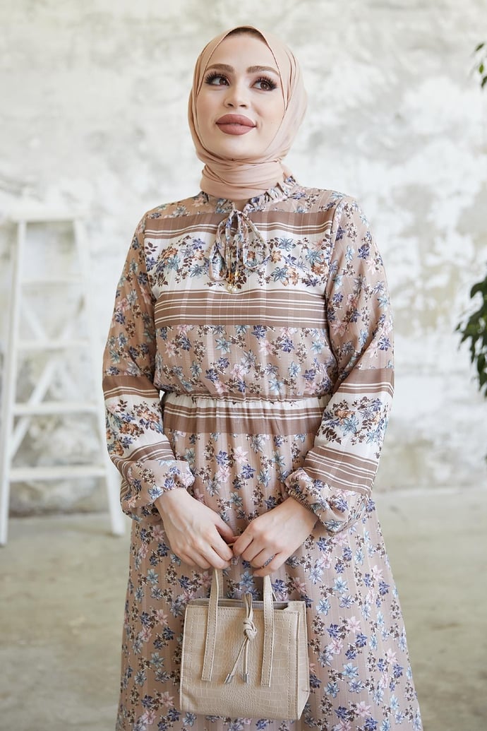 Misa Striped Floral Jacquard Yoryo Light Brown Chiffon Dress