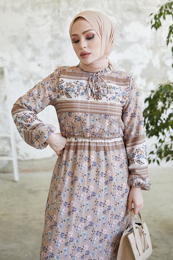 Misa Striped Floral Jacquard Yoryo Light Brown Chiffon Dress