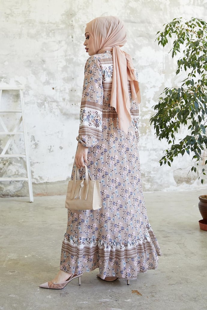 Misa Striped Floral Jacquard Yoryo Light Brown Chiffon Dress