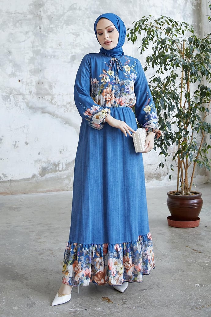 More Floral Jacquard Yoryo Chiffon Dress - Indigo