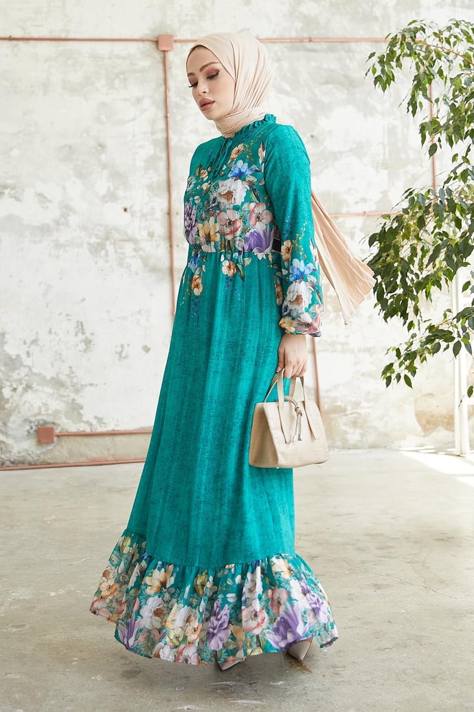 More Floral Jacquard Yoryo Chiffon Dress - Aqua Green