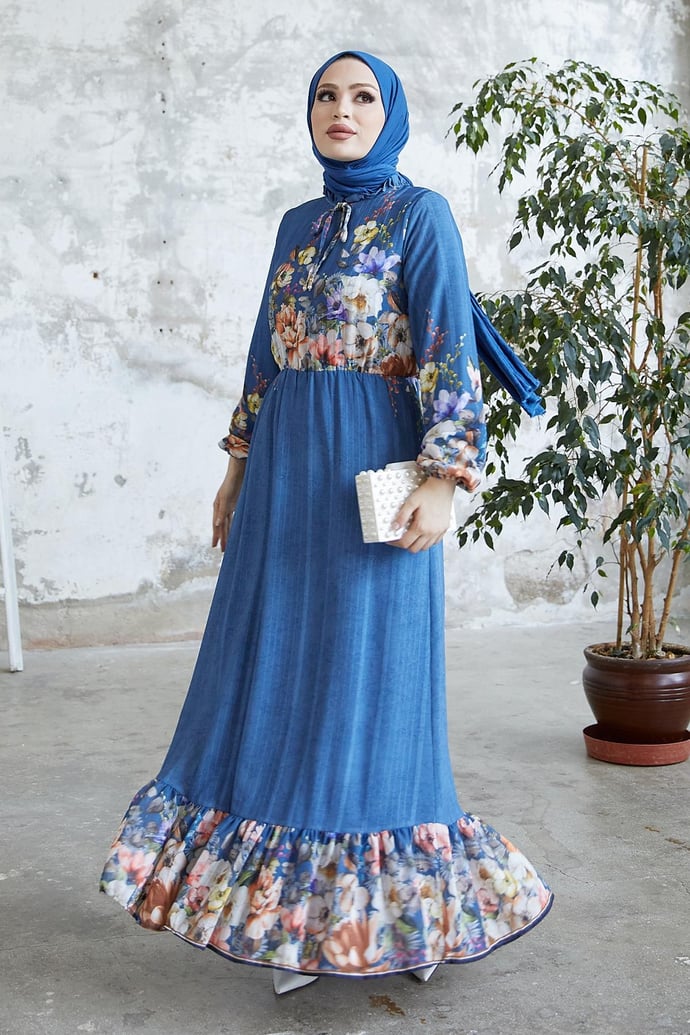 More Floral Jacquard Yoryo Chiffon Dress - Indigo