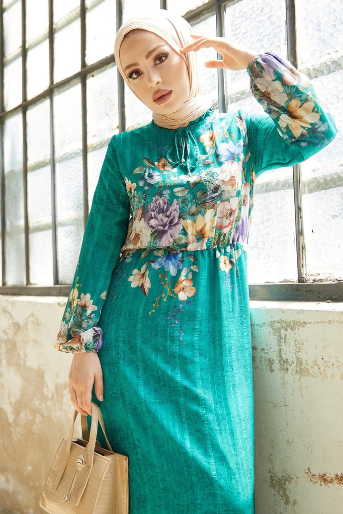More Floral Jacquard Yoryo Chiffon Dress - Aqua Green