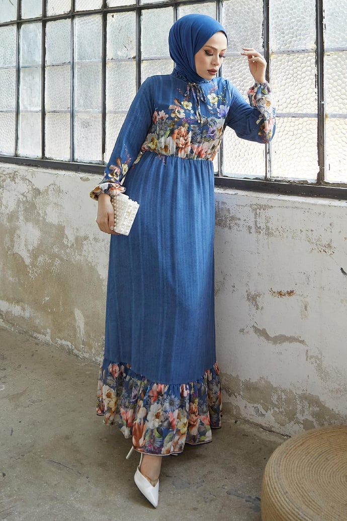 More Floral Jacquard Yoryo Chiffon Dress - Indigo