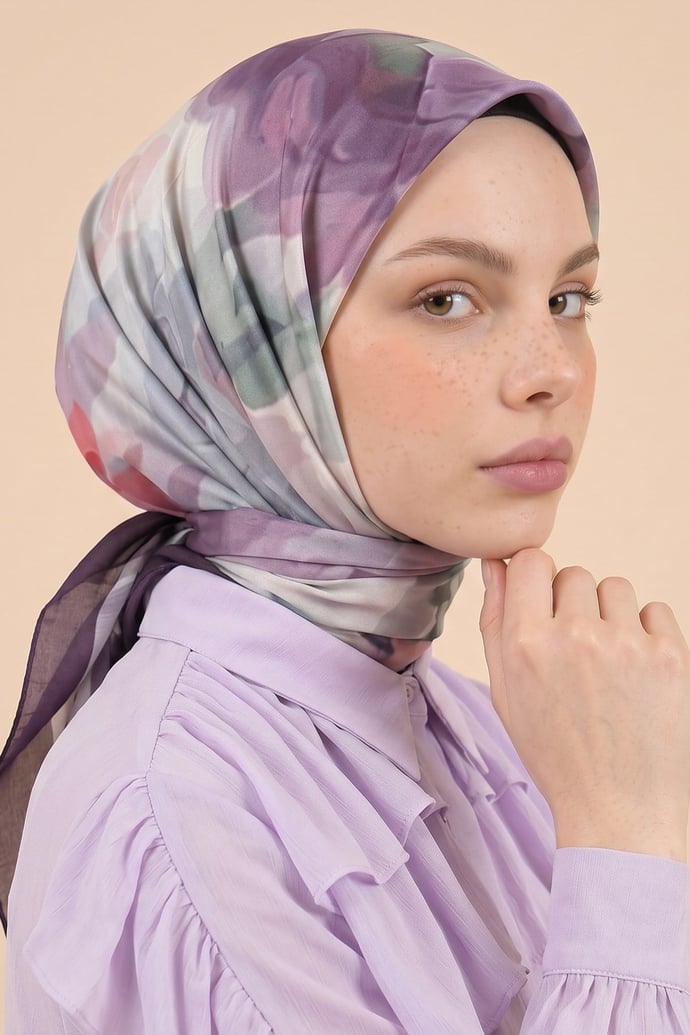 Nergis Çiçek Desen Mürdüm Soft Pamuk Eşarp