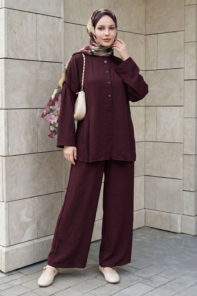 Nervürlü Tunik-Pantolon Mürdüm Takım