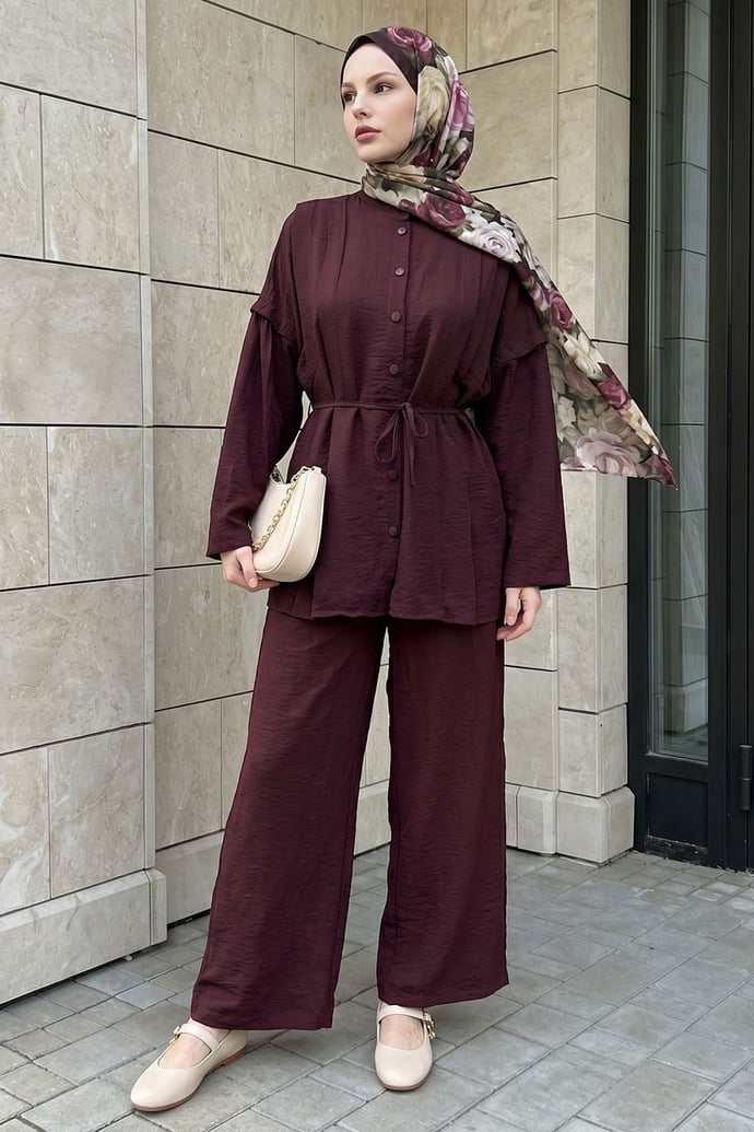 Nervürlü Tunik-Pantolon Mürdüm Takım