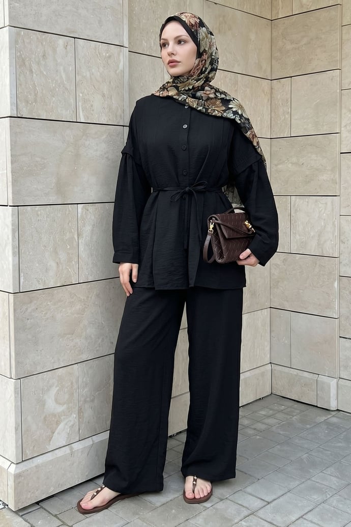 Nervürlü Tunik-Pantolon Siyah Takım