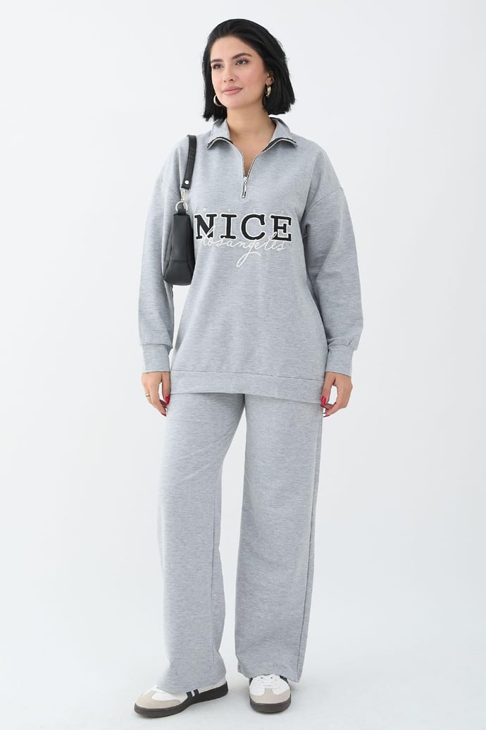 Nice Printed Zippered Gray Two-Piece Set