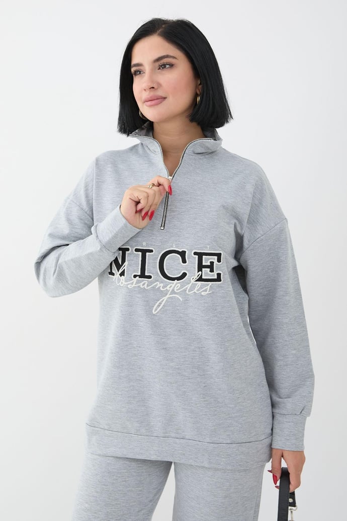Nice Printed Zippered Gray Two-Piece Set
