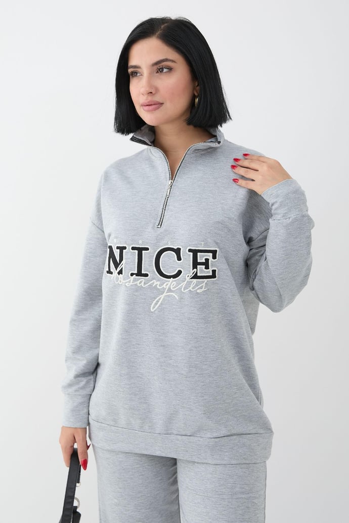 Nice Printed Zippered Gray Two-Piece Set